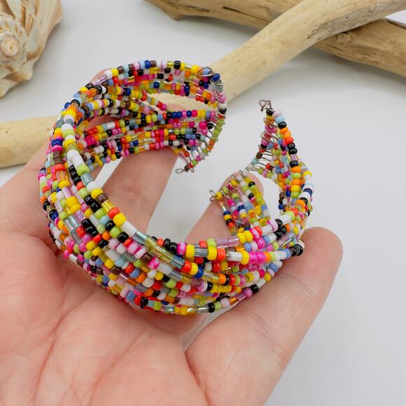 Colorful Multi-Strand Seed Bead Cuff Bracelet-Boho Festival Jewelry - Picture 4 of 5